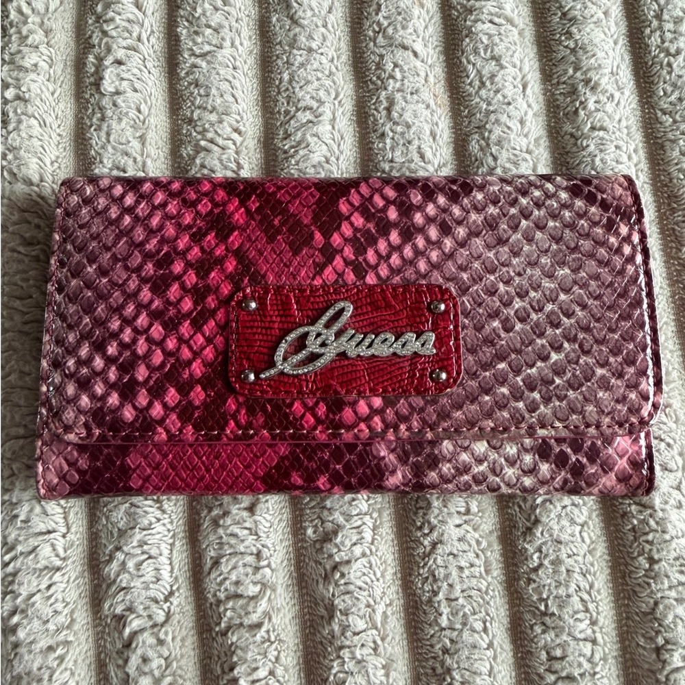 Guess Pink Purple Snakeskin Embossed Trifold Wallet Rhinestone Logo Y2K